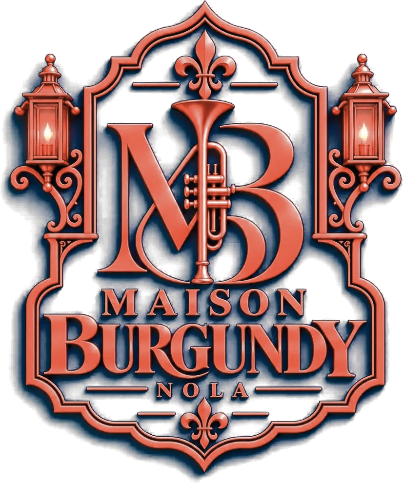 Maison Burgundy Nola crest — a coral trumpet and monogram with gas lanterns, blended over the house