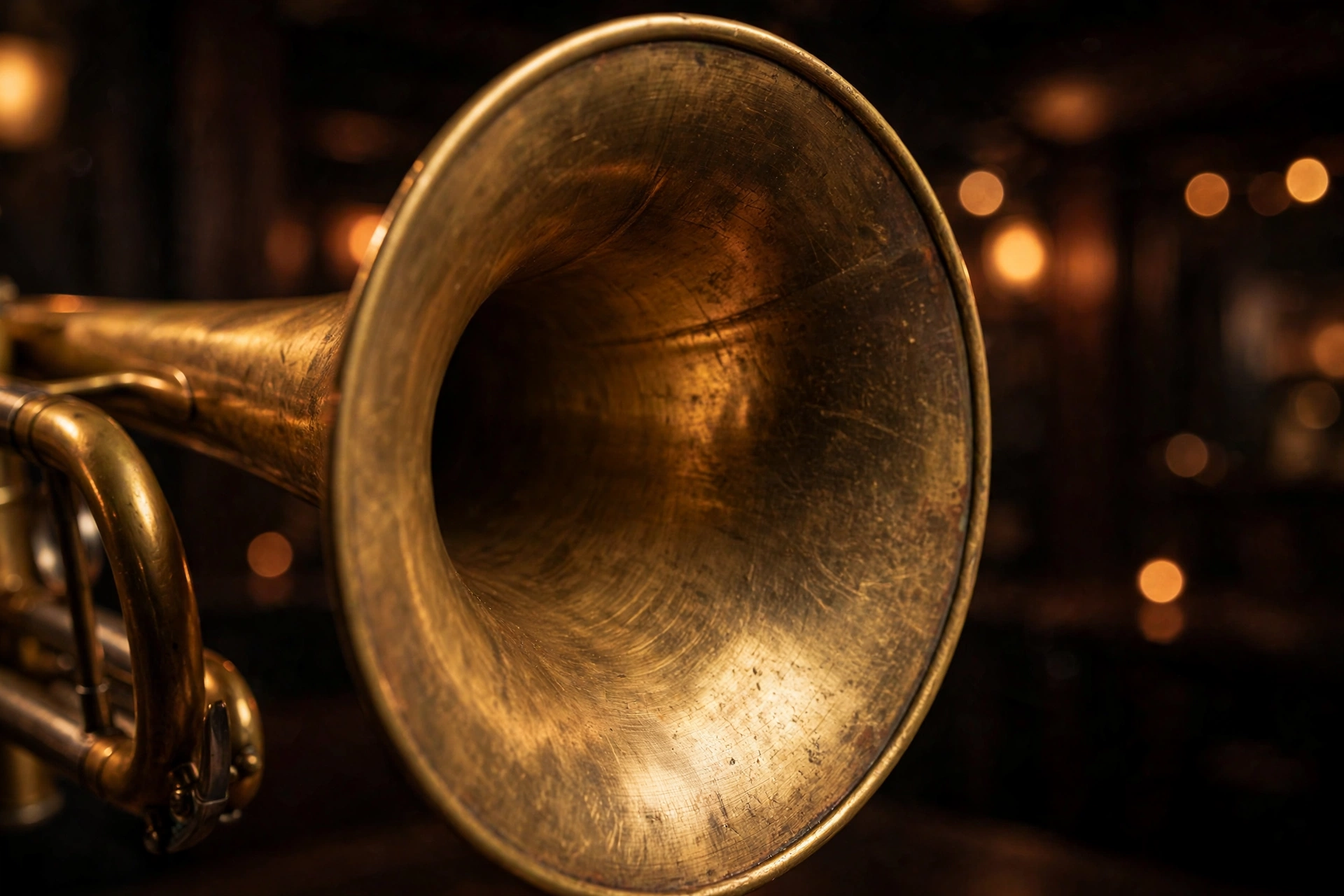 The bell of a brass trumpet glowing in low, warm light