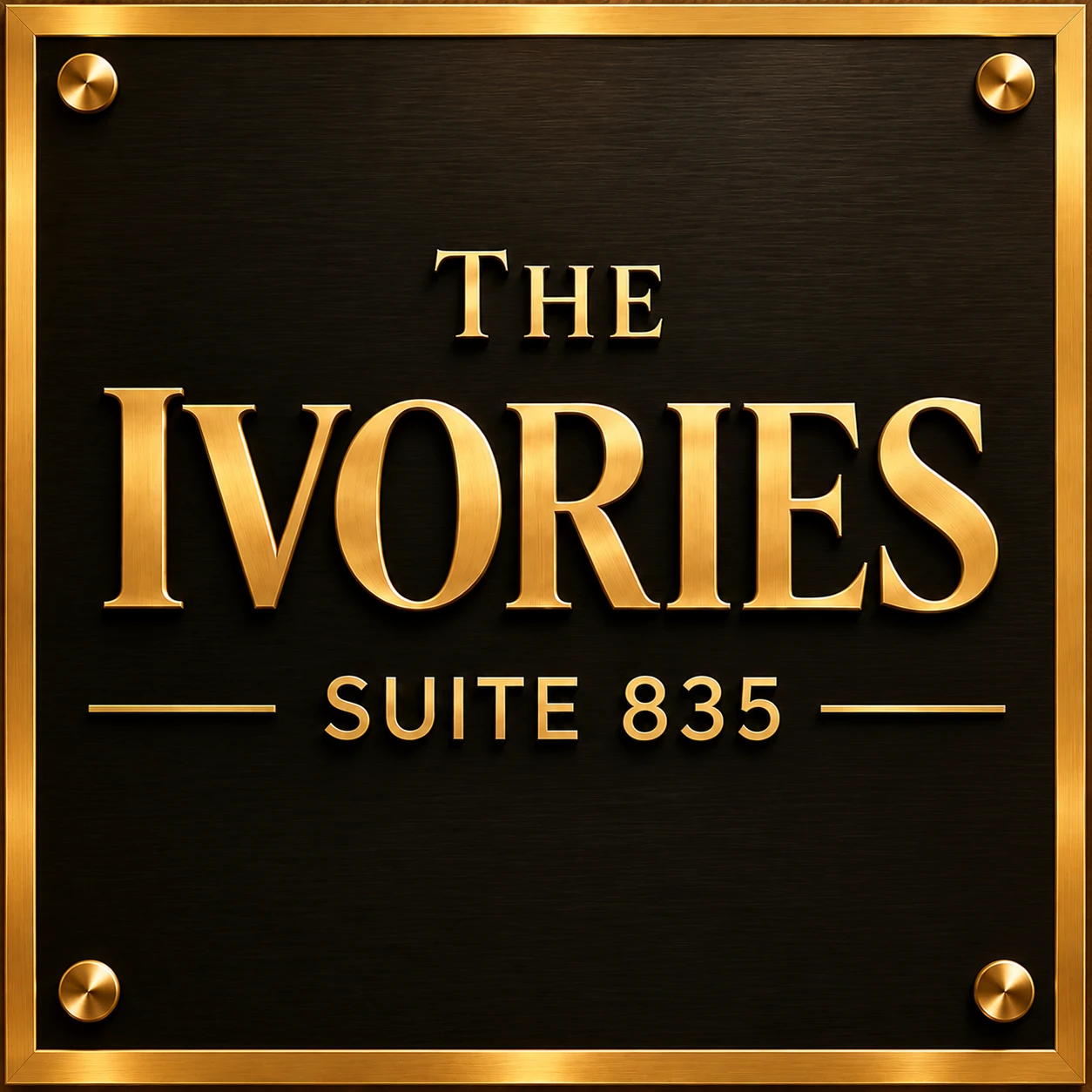 Door plaque for The Ivories — Suite 835, gold lettering on black with a gold border and corner screws