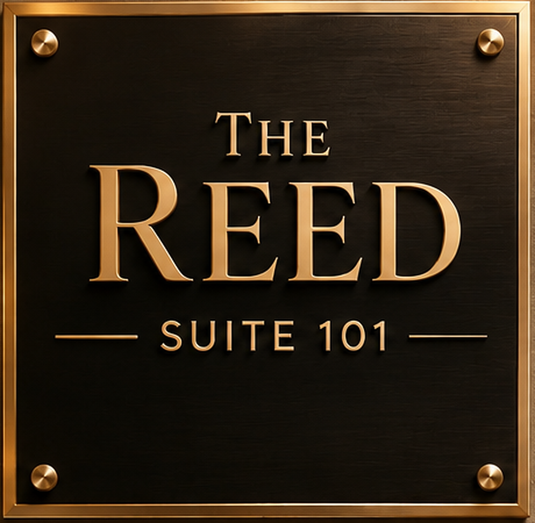 Door plaque for The Reed — Suite 101, gold lettering on black with a gold border and corner screws
