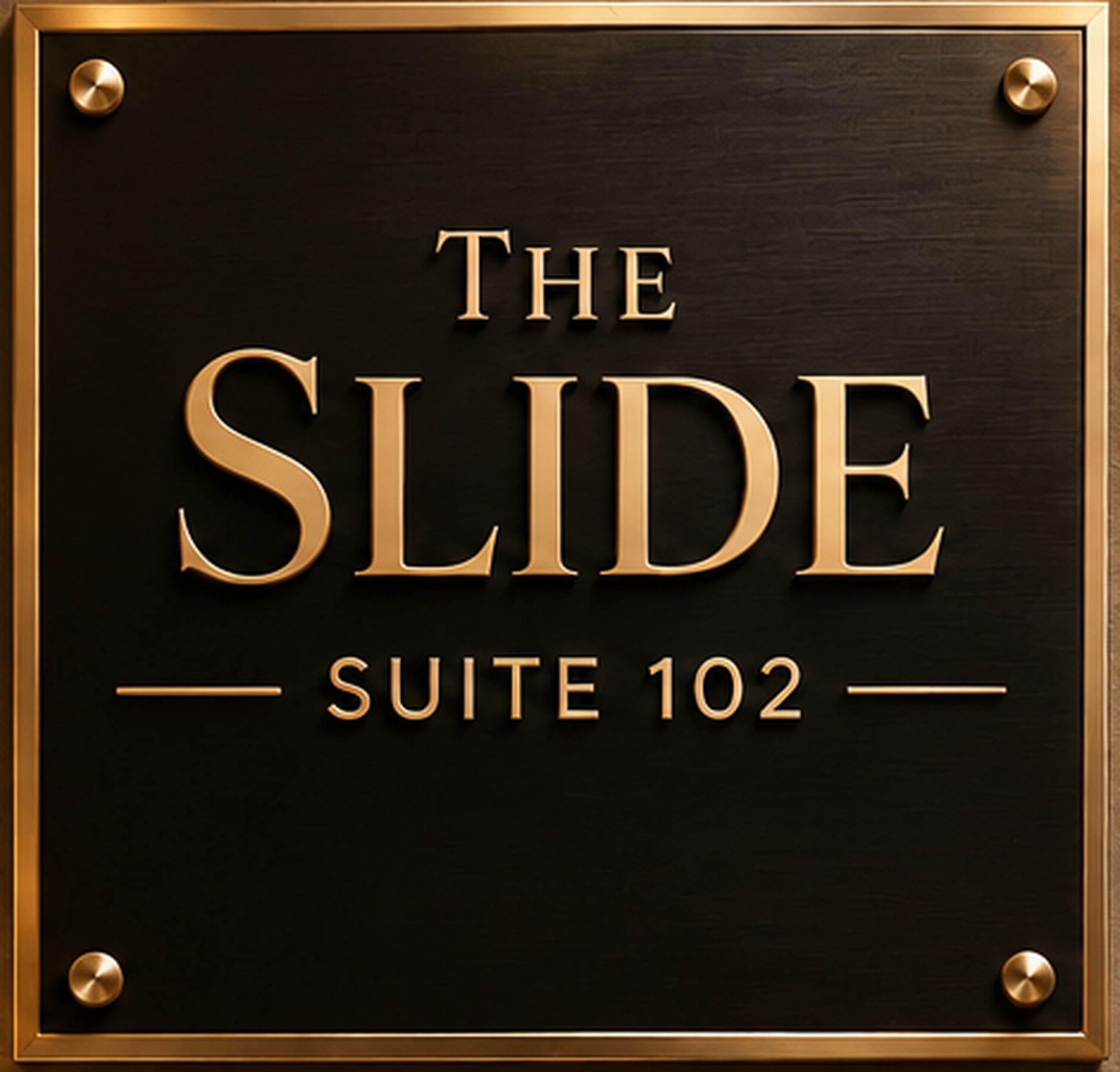 Door plaque for The Slide — Suite 102, gold lettering on black with a gold border and corner screws
