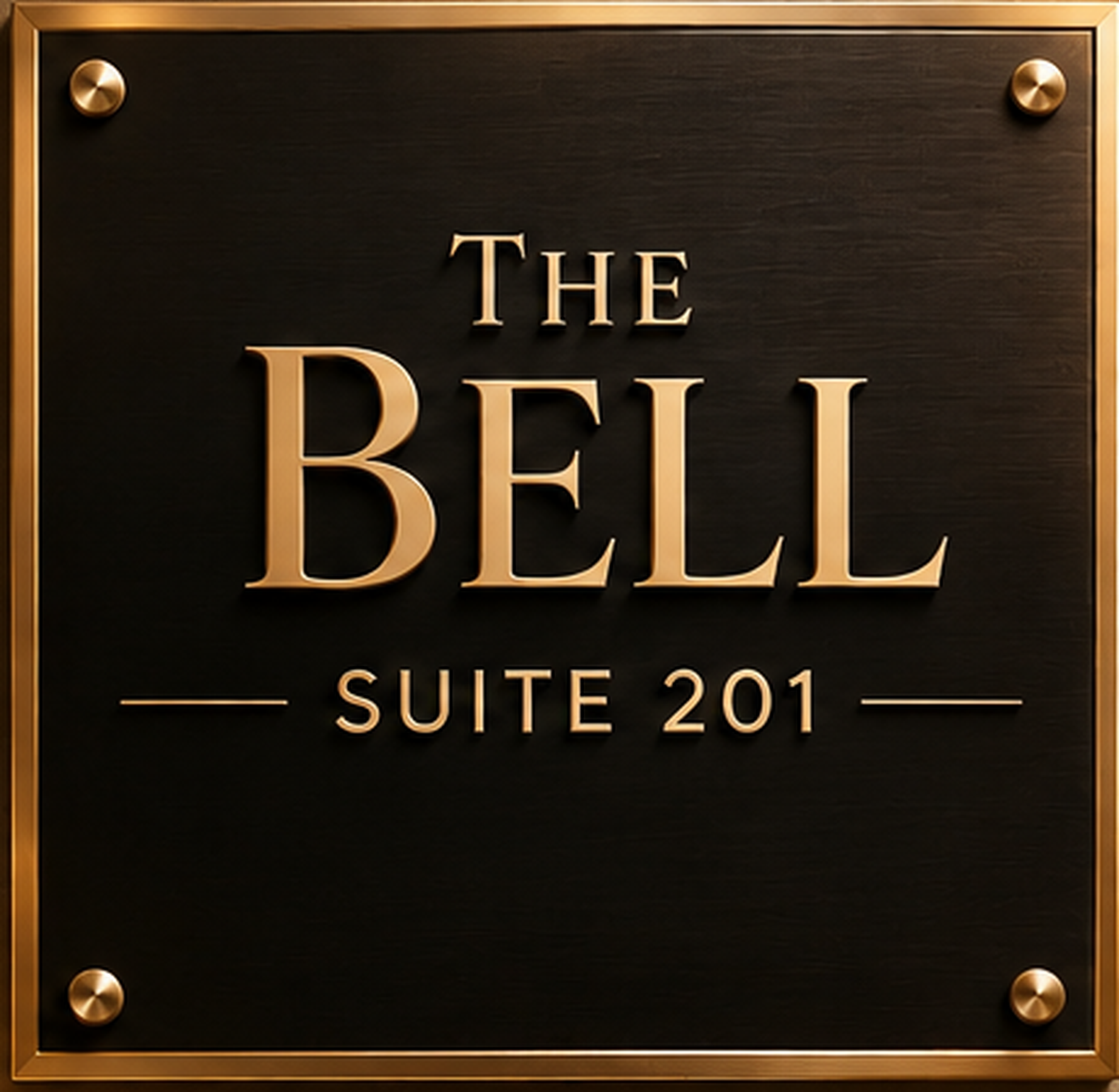 Door plaque for The Bell — Suite 201, gold lettering on black with a gold border and corner screws