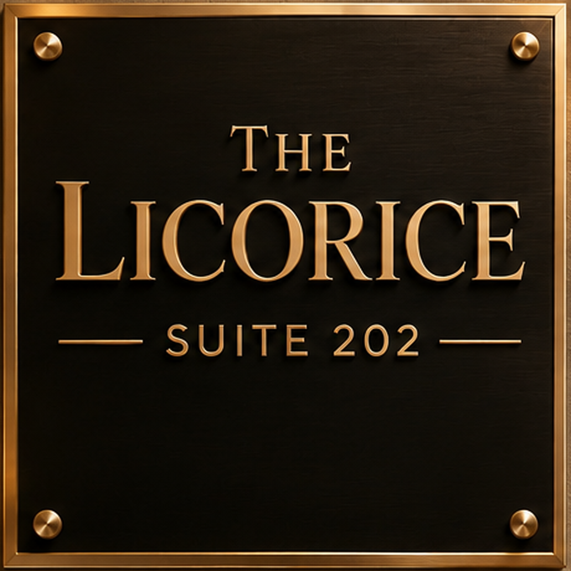 Door plaque for The Licorice — Suite 202, gold lettering on black with a gold border and corner screws