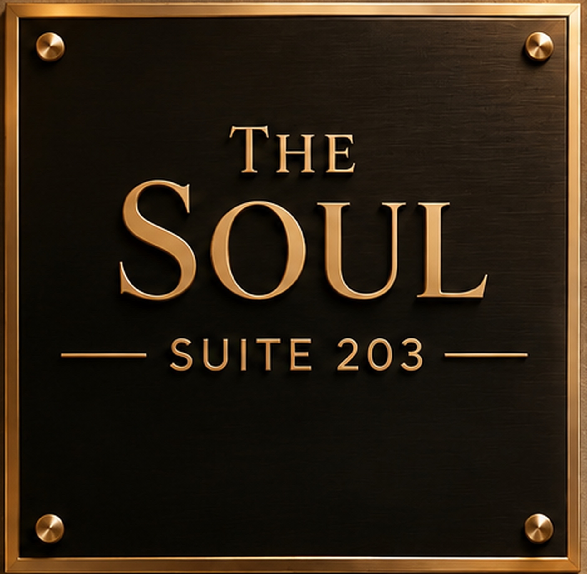 Door plaque for The Soul — Suite 203, gold lettering on black with a gold border and corner screws