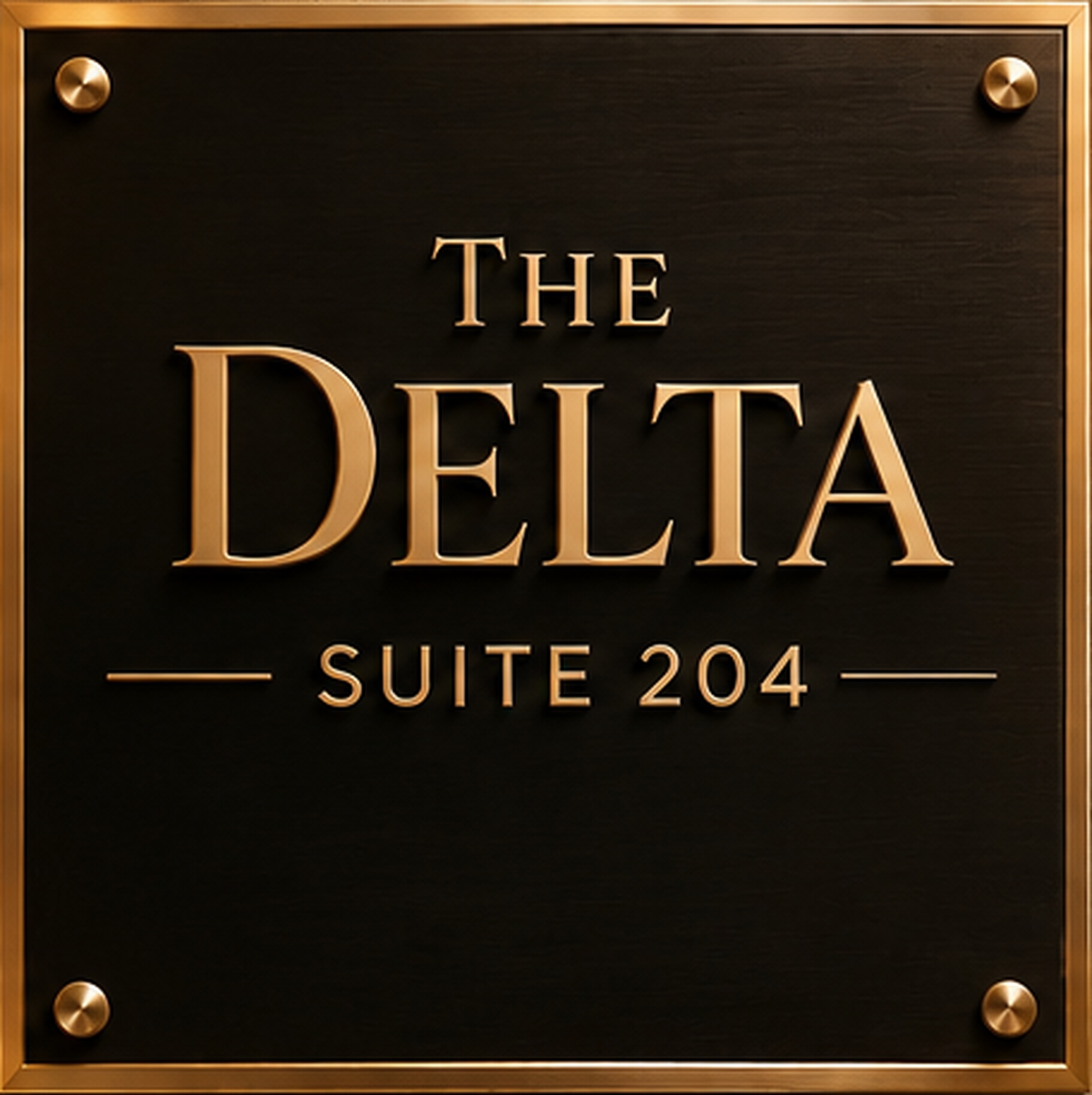 Door plaque for The Delta — Suite 204, gold lettering on black with a gold border and corner screws