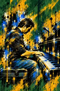 The Ivories mural — a pianist leaning into the keys, painted in splashes of gold, green, and blue