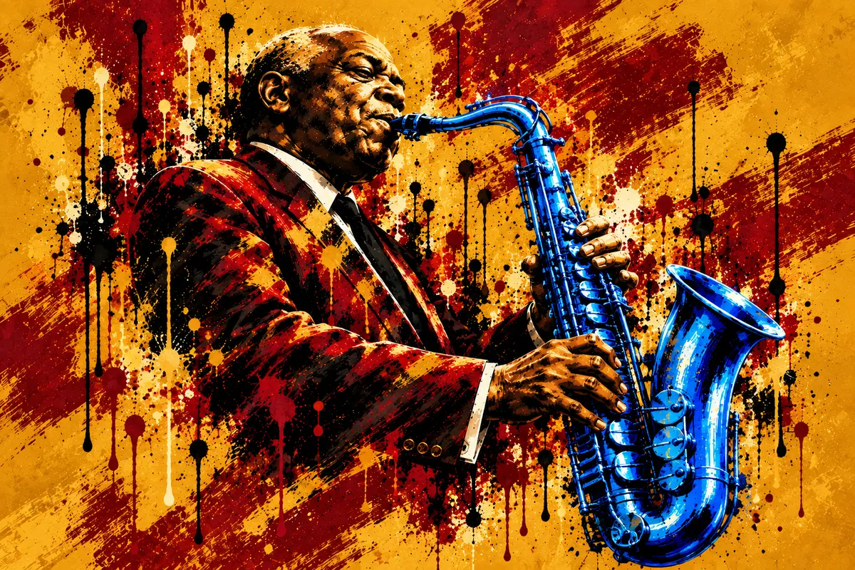 The Reed mural — a saxophonist leaning into a solo, painted in splashes of gold, green, and blue