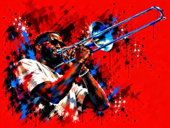 The Slide mural — a trombonist mid-glide, painted in splashes of gold, green, and blue