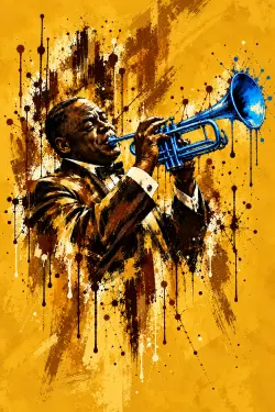 The Bell mural — a trumpet raised high, painted in splashes of gold, green, and blue