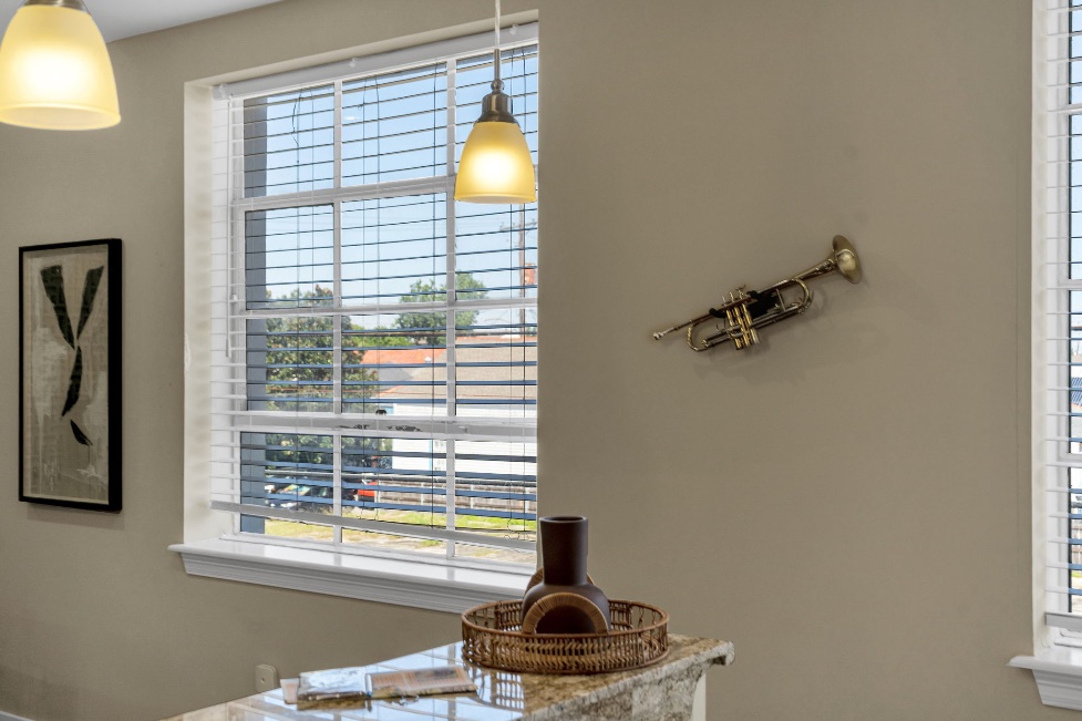 The trumpet mounted on the kitchen wall in The Bell suite