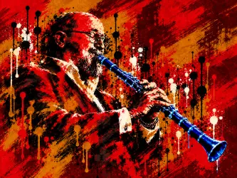 The Licorice mural — a clarinetist in full swing, painted in splashes of gold, green, and blue