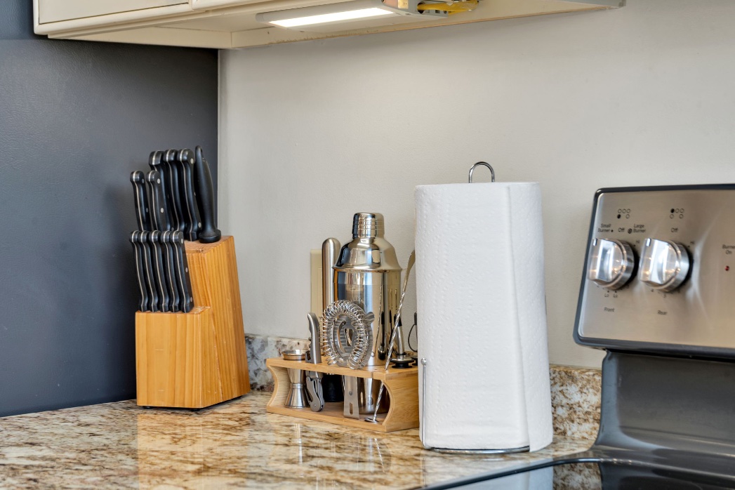 The knife block and bar tools in The Soul suite kitchen
