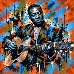 The Delta mural — a guitarist bent over the strings, painted in splashes of gold, green, and blue