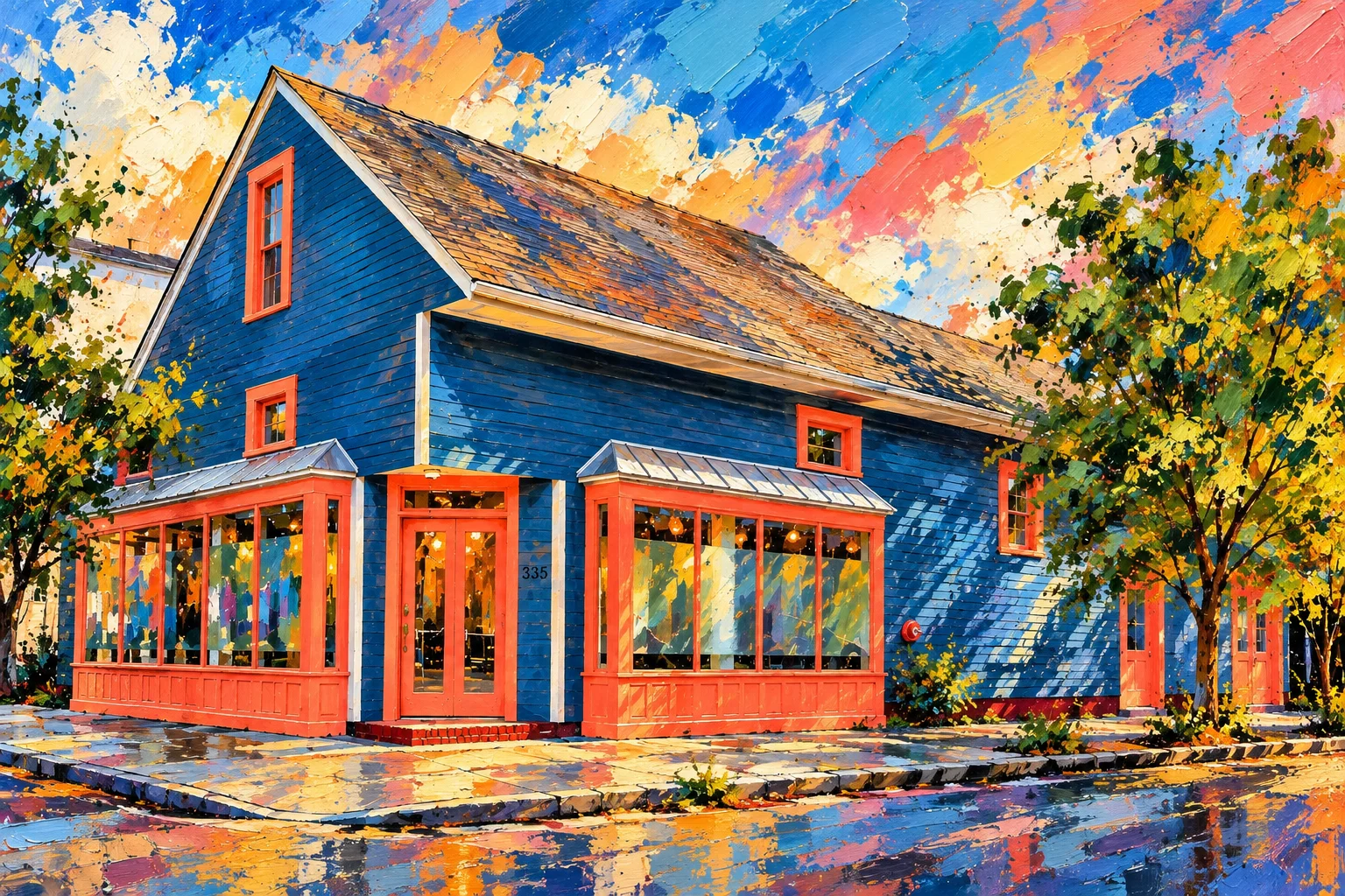 A painterly rendering of the 835 Piety building — blue siding and coral trim in bold, impressionistic brushstrokes